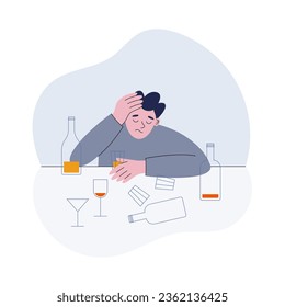 Drunk man with alcohol addiction sitting at the table with empty bottles and glasses. Flat style vector illustration od mental disorder.