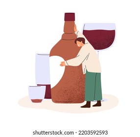 Drunk Man With Alcohol Bottle. Alcoholism Disorder, Wine Addiction Concept. Addicted Drinker, Drunken Person With Bad Unhealthy Habit. Flat Graphic Vector Illustration Isolated On White Background