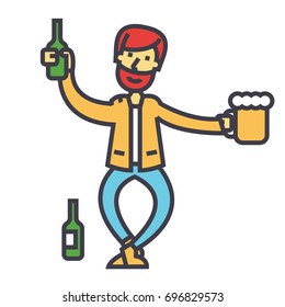 Drunk man, alcoholic, alcoholism concept. Line vector icon. Editable stroke. Flat linear illustration isolated on white background