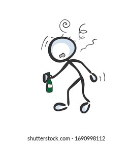 Drunk man. Alcoholic holding bottle of alcohol. Social issue. Hand drawn. Stickman cartoon. Doodle sketch, Vector graphic illustration