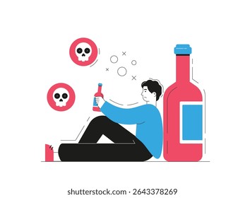 A drunk man alone with bottle, lazy and unemployed. Character design. Vector flat illustration