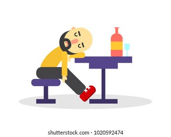 Drunk man asleep on the table, a bottle and a glass vector illustration