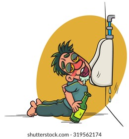 Drunk Man asleep in toilet, illustration  