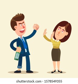 Drunk man beats his wife at home. Drunkard making scandal, conflict of man and woman. Domestic violence, cruelty of drunk husband. Vector illustration, flat design cartoon style. Isolated background.