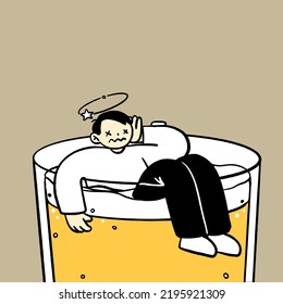 A drunk man in beer mug. Hand drawn style, vector illustration.