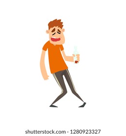 Drunk man with bottle of alcohol drink in his hand, male character drinking alcohol vector Illustration