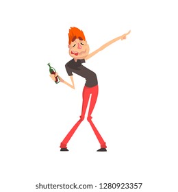 Drunk man with bottle of alcohol drink in his hand, funny guy character drinking alcohol vector Illustration