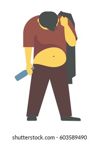 Drunk man with bottle in hands standing on feet and head down. Boozy drunken people concept vector illustration