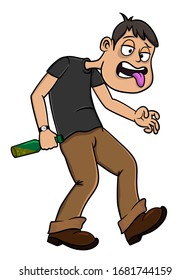 un hombre borracho con una botella en las manos va a algún lugar. Aislado sobre un fondo blanco. ilustración de material vectorial