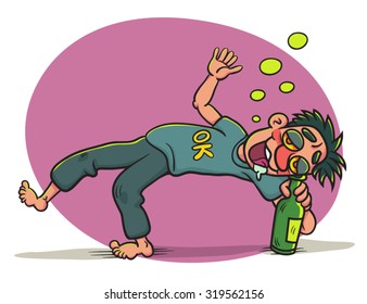 Drunk Man with bottle Lying, illustration  