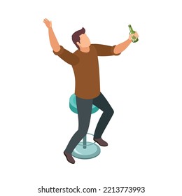 Drunk Man With Bottle On Bar Stool 3d Isometric Vector Illustration