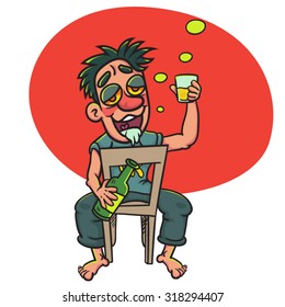 drunk man with bottle sitting on a chair, illustration  