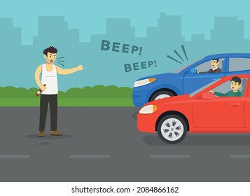 Hombre ebrio causa embotellamiento de tráfico en la carretera. Carácter macho alcohólico que sostiene una botella en la mano y grita a los conductores de autos.Conductores de señas.Plantilla plana de ilustración vectorial.