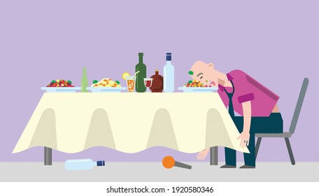 A drunk man at a corporate party fell asleep at a festive table. Salads, cocktail, alcohol on the festive table. A man sits on a chair, dropped the microphone. Flat infographics. Vector illustration.
