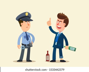 Drunk man dispute with police officer in the street. Drunkard very angry and aggressive, policeman is calm. Vector illustrated, flat design cartoon style. Isolated background.