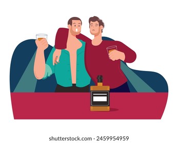 Un hombre borracho bebiendo alcohol con su amigo en un bar de discoteca, mientras baila. Ilustración plana de Vector. Diseño de caracteres