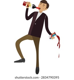 Drunk man drinking lots of alcohol bad habit vector icon isolated on white background