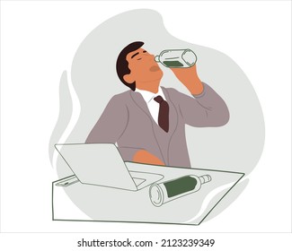 El hombre ebrio bebe una botella de alcohol en el lugar de trabajo. Alcoholismo, drogadicción, delirio. Ilustración vectorial plana con doodle o dibujado a mano