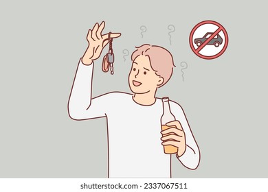 Drunk man driver holding car key and bottle of alcoholic drink about to commit crime and drive. Irresponsible guy driver drinks beer or liquor in bar and feels like driving vehicle.