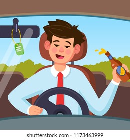 Drunk man driving. Decoration for greeting cards, posters, patches, prints for clothes, emblems. Modern flat style illustration.
