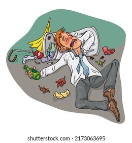 Drunk man fallen asleep on the garbage pile, Alcoholism, alcohol addiction, illustrator vector cartoon drawing