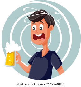 

Drunk Man Feeling Dizzy Holding Beer Mug Vector Cartoon. Tipsy nauseated guy suffering from alcohol poisoning
