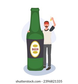  Drunk Man with glass of beer and big beer bottle. Drunkard concept.