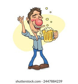 Drunk man with glass of beer, cheerful male. Flat, Poster, Vector, Illustration, Cartoon, EPS10.