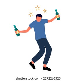 Drunk man holding beer bottles in flat design on white background. Alcoholic guy. Alcohol addiction.