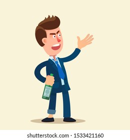 Drunk man holding bottle of alcohol and screams loudly, sings. Asocial behavior, troublemaker. Vector illustration, flat design, cartoon style. Isolated background.