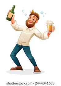 Drunk man holding glass and bottle of alcoholic drink. Vector cartoon illustration