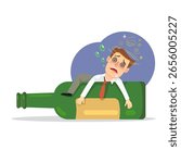 Drunk Man Hugging Alcohol Bottle. Alcohol addiction concept. Bad habits and unhealthy. Not save money. Drawings, Illustration, Cartoon, Vector.