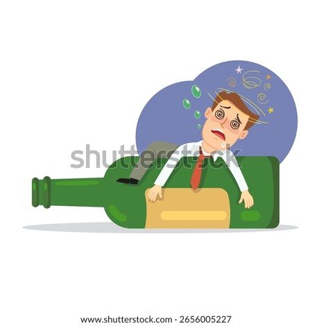 Drunk Man Hugging Alcohol Bottle. Alcohol addiction concept. Bad habits and unhealthy. Not save money. Drawings, Illustration, Cartoon, Vector.