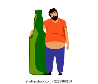 Trunkener Mann, der eine Flasche Alkohol umarmt. Alkoholiker mit schlechter Gewohnheit. Vektorgrafik. Flaches Design.