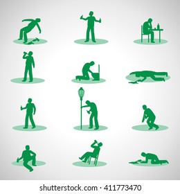 Drunk Man Icons Set - Isolated On Gray Background - Vector Illustration, Graphic Design. Drunkenness Concept