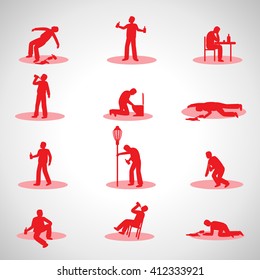 Drunk Man Icons Set - Isolated On Gray Background - Vector Illustration, Graphic Design. Drunkenness Concept