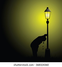 drunk man illustration with street light silhouette in color
