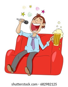 Drunk man in karaoke, vector illustration cartoon