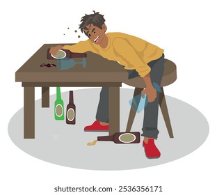 Drunk man leaning over a table, several bottles of drinks on the floor, person with alcoholism problem. vector illustration.