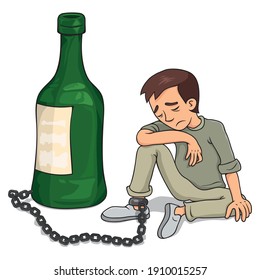 Drunk man with leg chained to liquor, vector illustration cartoon