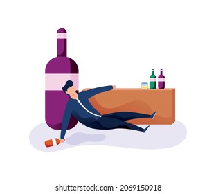 A drunk man lying down in front of the bar vector illustration background.