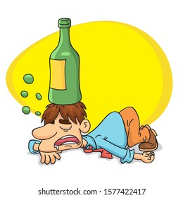 Drunk man lying on the floor with bottle, vector illustration cartoon