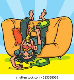 Drunk Man lying on sofa and holding bottle, illustration  