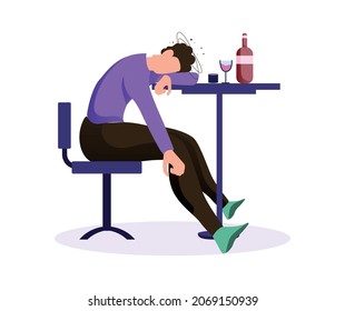 Drunk man lying on the table with his drinks in the bar vector illustration background.