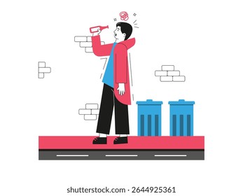 Drunk man on the street carrying a bottle, social issue in big city. Character design. Vector flat illustration