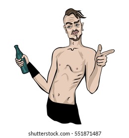 Drunk man punk guy with beer bottle finger pointing vector illustration isolated on white background