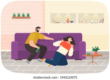 Drunk man scolding his wife while drinking booze. Arguing, reprimanding, having argument fight