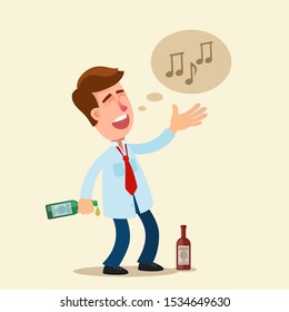 Drunk man scream a song in the street. Drunk person worries people. Troublemaker concept. Vector illustration flat design, cartoon style. Isolated background.