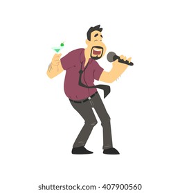 Drunk Man Singing In Karaoke Flat Isolated Simple Cartoon Style Vector Illustration On White Background