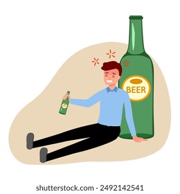 Drunk man sitting beside beer bottle in flat design.